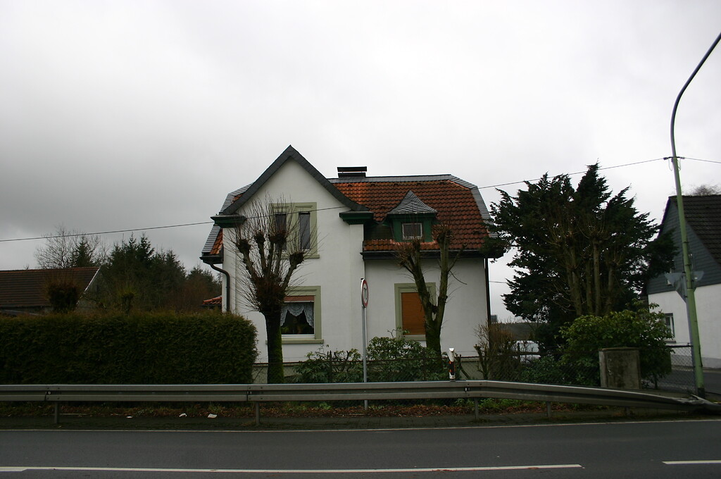 Das Wohnhaus wurde zwischen 1913 und 1921 errichtet; vor ihm stehen fünf Hausbäume (2008)