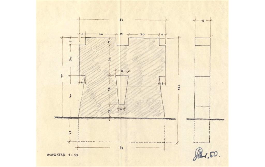 Bild 6: Skizze der Doppelkreuze für die Kriegsgräberstätte Hürtgen von dem Garten- und Landschaftsarchitekten Carl Ludwig Schreiber aus dem Jahr 1950.