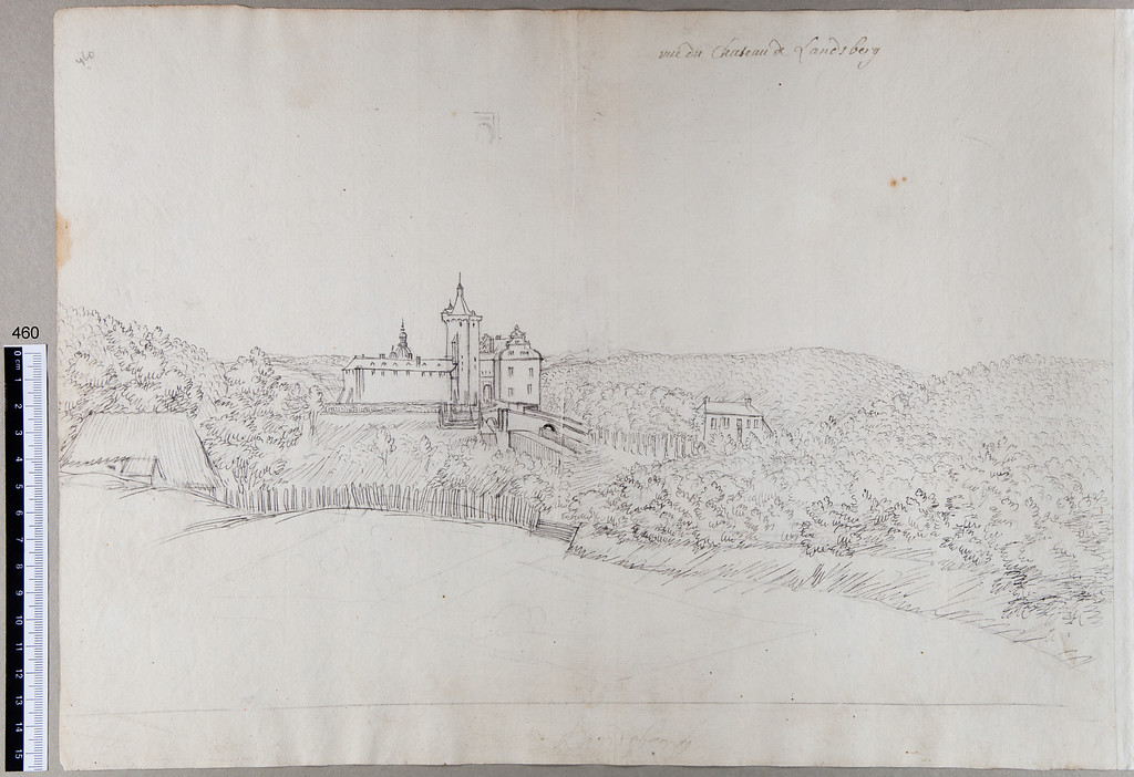 Ratingen, Schloss Landsberg, Ortsansicht, Zeichnung von Renier Roidkin