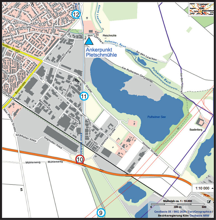 Die Lage von Erzählstation 10 in der Hintergrundkarte Geobasis NRW (2020)