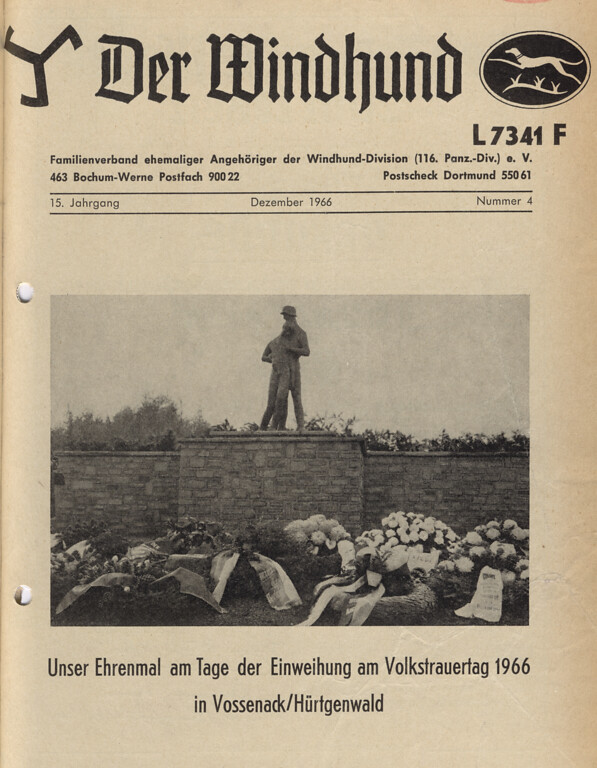 Bild 4: Das Titelblatt der Vereinszeitschrift "Der Windhund", Ausgabe vom Dezember 1966. Darauf ist die 1966 eingeweihte sogenannte "Windhund-Anlage" bei Vossenack abgebildet.