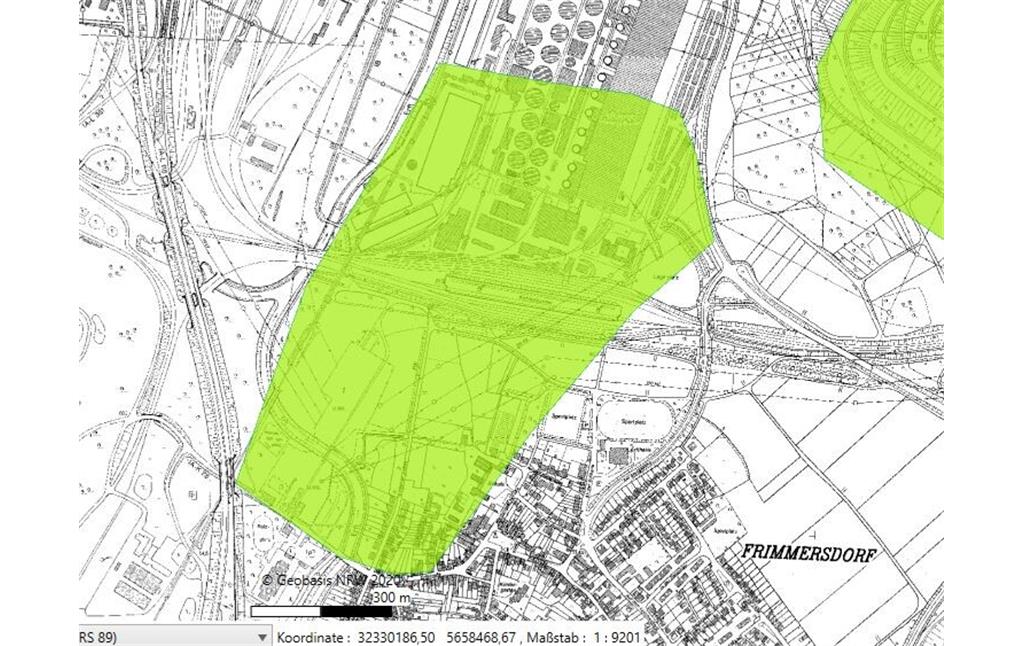 Screenshot von der alten Geometrie (2013) des bedeutsamen Kulturlandschaftsbereiches Braunkohlenkraftwerk Frimmersdorf I und II (KLB Regionalplan Düsseldorf 192)