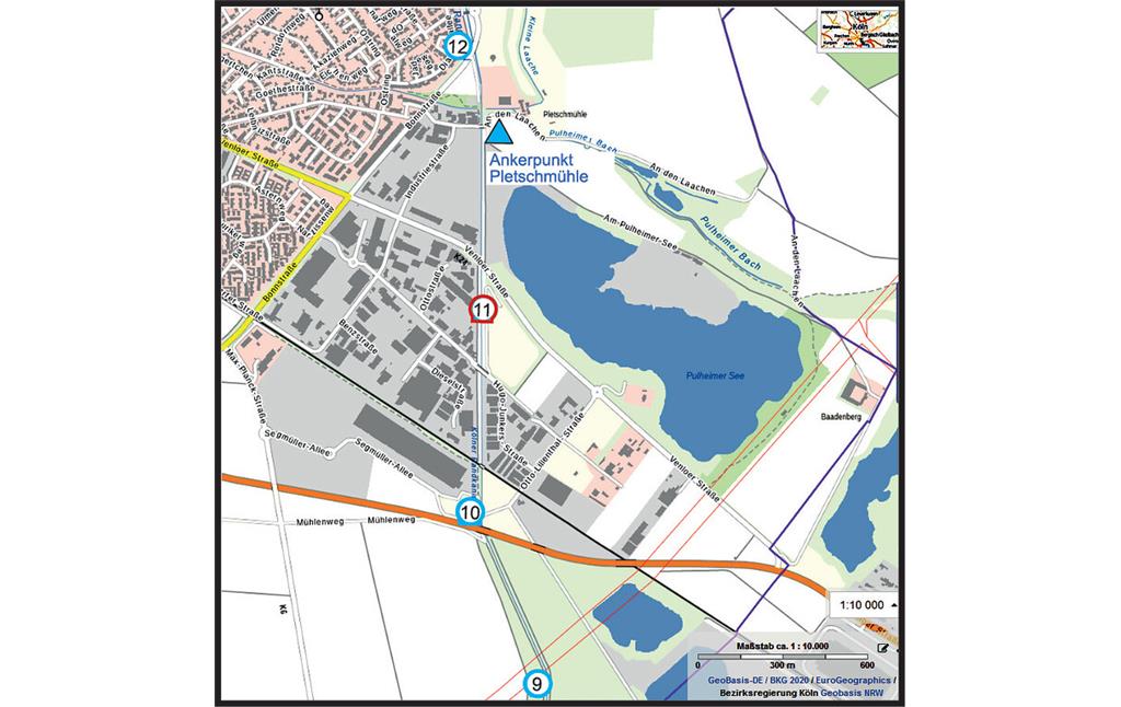 Die Lage von Erzählstation 11 in der Hintergrundkarte von Geobasis NRW (2020)
