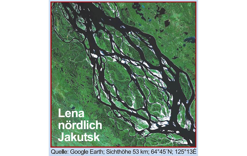 Abb. 5: Satellitenaufnahme: verflochtene Gerinne der Lena im Permafrostgebiet Nordsibiriens  (2014)