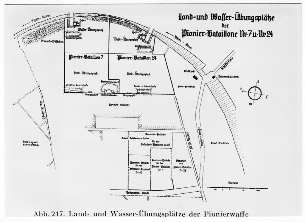 Lageplan (undatiert) der laut Beschriftung "Land- und Wasser-Übungsplätze der Pionier-Bataillone Nr. 7 u. Nr. 24" im Bereich der Kasernenanlage Boltensternstraße in Köln-Riehl mit der Mülheimer Schiffbrücke rechts in der Karte.