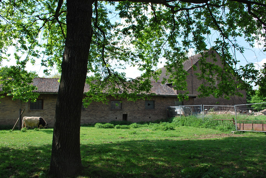 Die rückwärtige Ansicht des Wernershofs zur Weilerstraße hin ist geprägt durch unverputzte Wirtschaftsgebäude aus Backstein, an die sich eine große Weidefläche mit Altbäumen anschließt (2014).