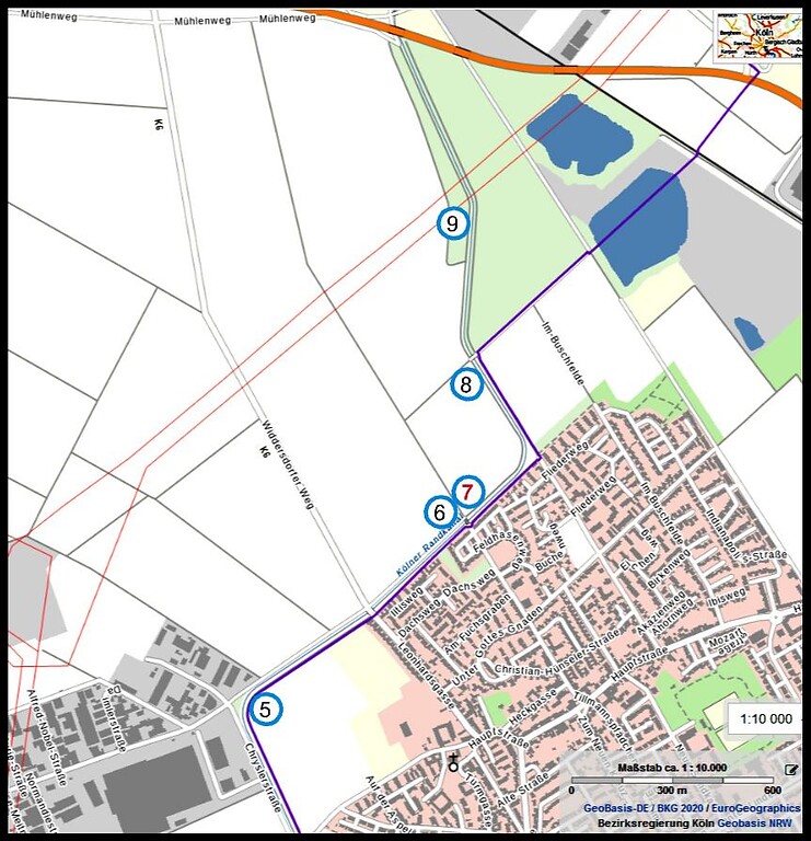 Die Lage von Erzählstation 7 in der Hintergrundkarte Geobasis NRW (2020)