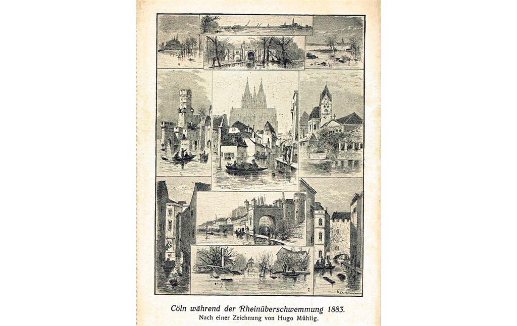 Zeitgenössische Darstellungen zu dem Hochwasser in Köln von 1882/83: "Cöln während der Rheinüberschwemmung 1883. Nach einer Zeichnung von Hugo Mühlig."