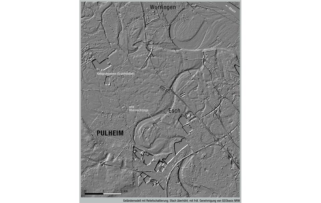 Abbildung 4: Früh-holozäne Rheinrinne zwischen Auweiler und Worringen im geschummerten digitalen Geländemodell (2019)
