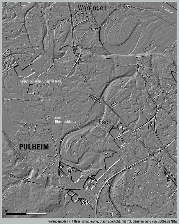 Abbildung 4: Früh-holozäne Rheinrinne zwischen Auweiler und Worringen im geschummerten digitalen Geländemodell (2019)