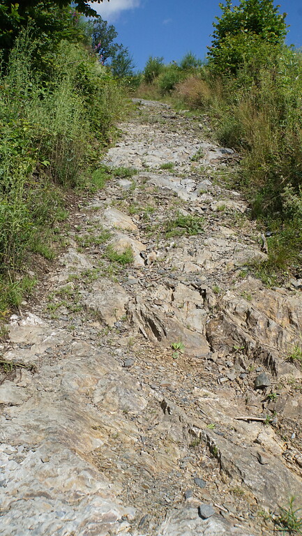 Steiler Abschnitt des Kall-Trails zwischen Fleig-Kurve und Felsnase mit freiliegendem Schiefergestein (2021)