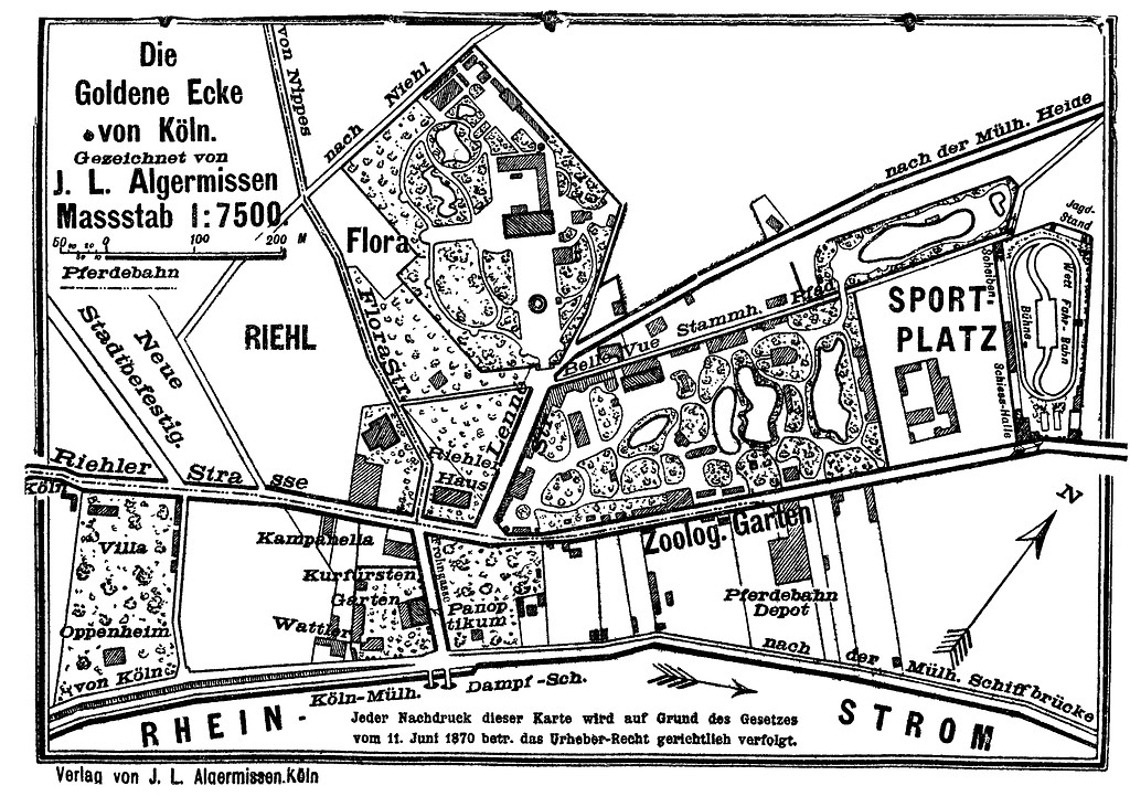 Historischer Lageplan aus einem Stadtführer von 1897 zu der "Goldenen Ecke von Köln" in Riehl, u.a. mit der Flora, dem Zoologischen Garten, den Sportanlagen und dem Bereich der "Villa Oppenheim von Köln".
