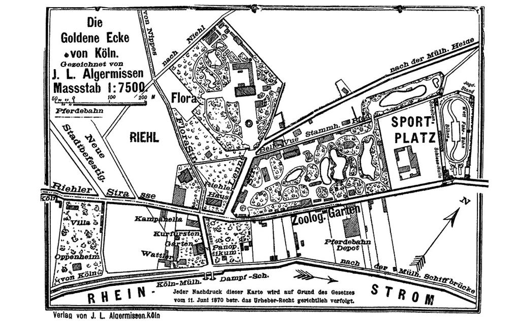 Historischer Lageplan aus einem Stadtführer von 1897 zu der "Goldenen Ecke von Köln" in Riehl, u.a. mit der Flora, dem Zoologischen Garten, den Sportanlagen und dem Bereich der dortigen "Villa Oppenheim von Köln".