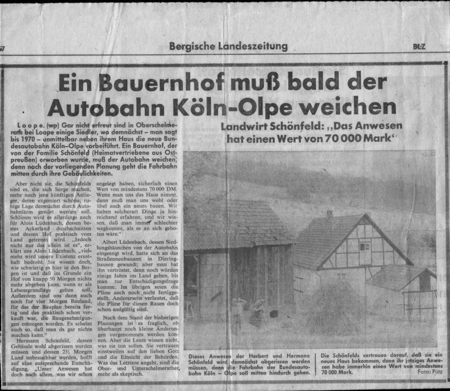 Artikel zum Bau der Autobahn Köln-Olpe in der Bergischen Landeszeitung