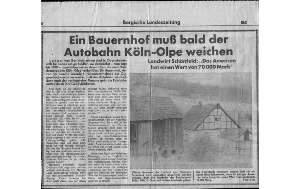 Artikel zum Bau der Autobahn Köln-Olpe in der Bergischen Landeszeitung