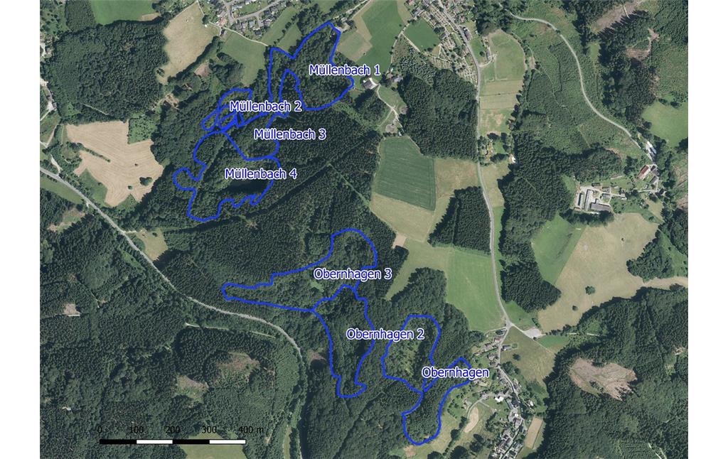 Lage der Grauwackesteinbrüche bei Obernhagen und Müllenbach. (Bearbeitung: J. Kling, Kartengrundlage: Geobasisdaten NRW (2018))