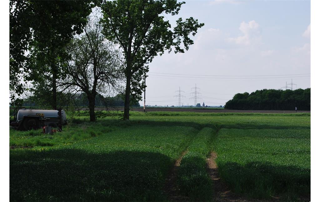 Im Bereich des Friedhofs ist der historische Ortsrand von Esch mit dem Übergang in die freie Agrarlandschaft erhalten geblieben. Das Bild zeigt die Blickrichtung Nord mit der Kirche von Roggendorf (2014).