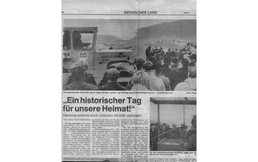 Zeitungsartikel zur Eröffnung der Bundesautobahn A4 (1975).