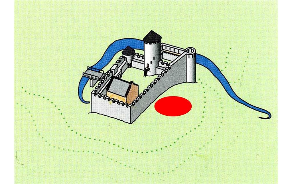 Grafik, die den Zustand des Schlosses Homburg der Bauphase um 1350 illustriert (2013), der rote Punkt kennzeichnet die archäologische Fundstätte des Rundturms.