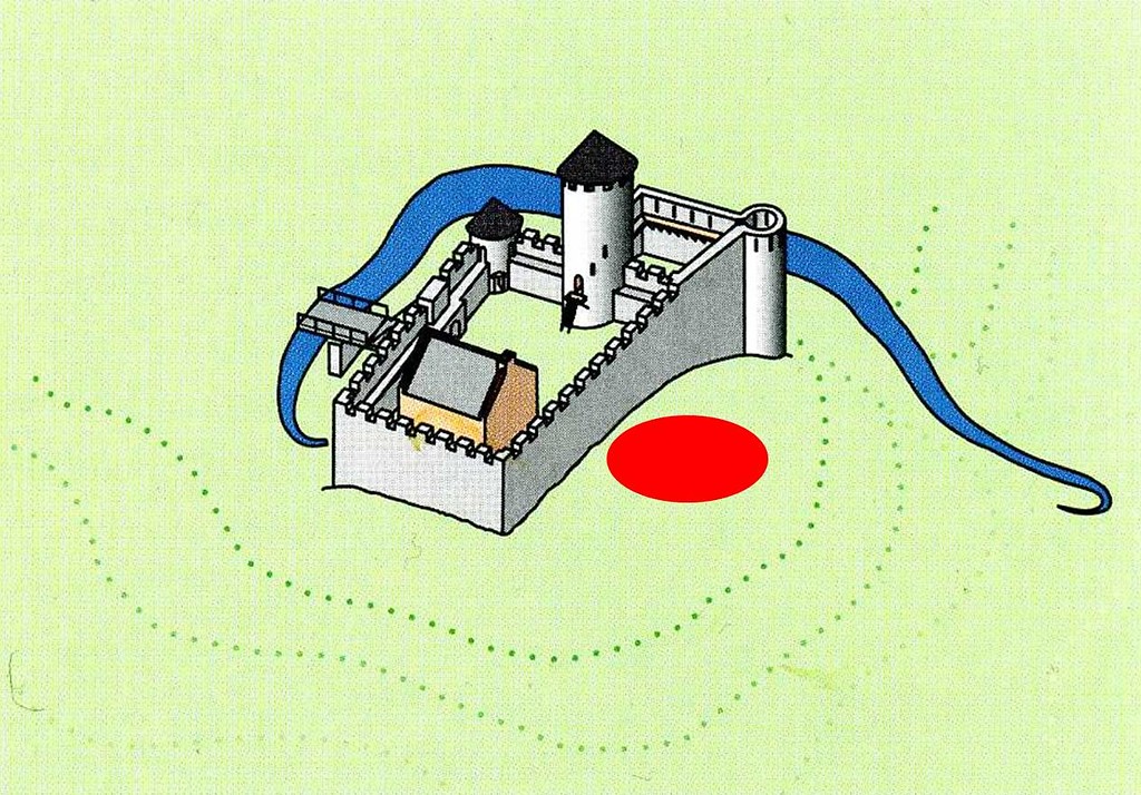 Grafik, die den Zustand des Schlosses Homburg der Bauphase um 1350 illustriert (2013), der rote Punkt kennzeichnet die archäologische Fundstätte des Rundturms.