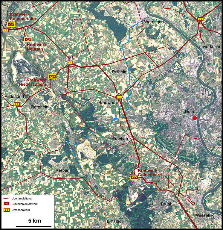 Braunkohlekraftwerke, Umspannwerke  und Überlandleitungen im östlichen Rheinischen Braunkohlerevier (2013)