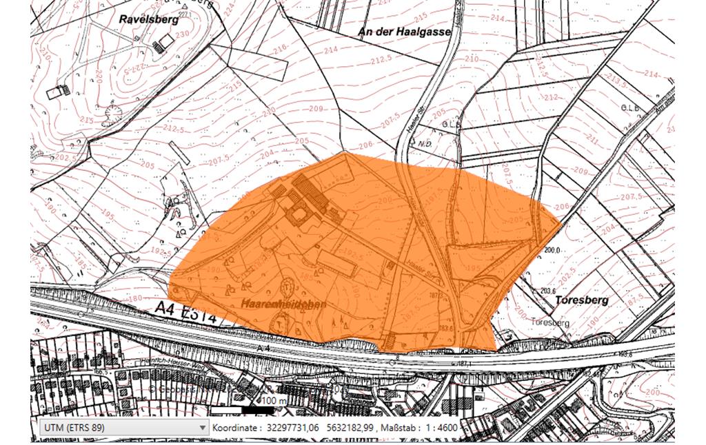 Screenshot von der alten Geometrie des bedeutsamen Kulturlandschaftsbereiches Haarenheidchen (KLB Regionalplan Köln 111)