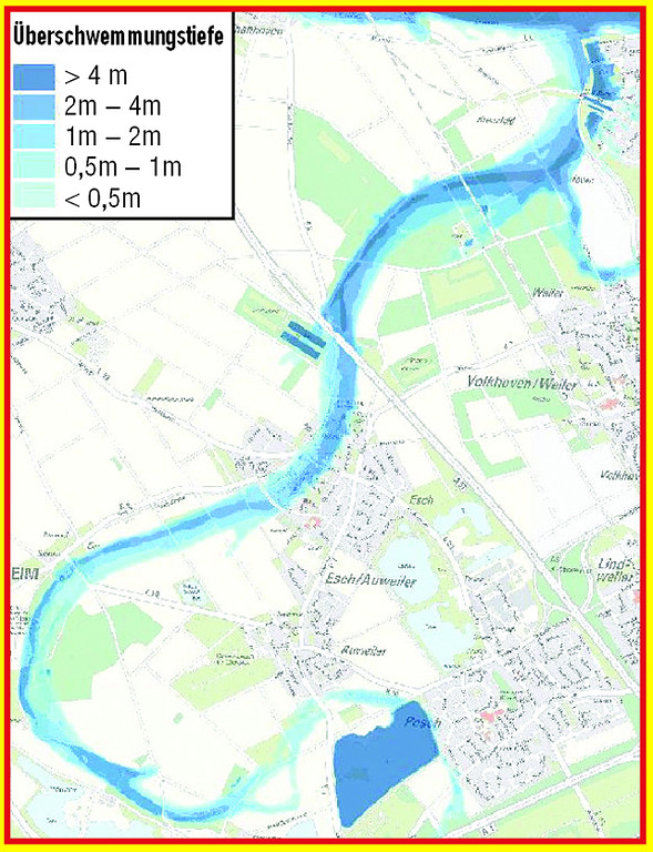 Abbildung 5:  Früh-holozäne Rheinrinne zwischen Auweiler und Worringen. Wassertiefe bei Kölner Pegel 12,90 m; aus Hochwassergefahrenkarte des Landes NRW (2019)