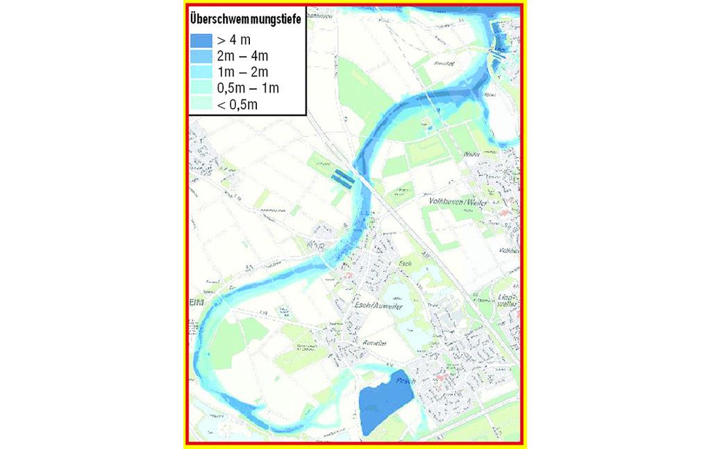 Abbildung 5:  Früh-holozäne Rheinrinne zwischen Auweiler und Worringen. Wassertiefe bei Kölner Pegel 12,90 m; aus Hochwassergefahrenkarte des Landes NRW (2019)
