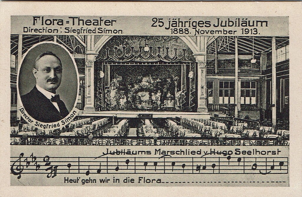 Historische Karte zum 25-jährigen Jubiläum 1888-1913 des Flora-Theaters im Köln-Riehler Vergnügungsviertel "Goldene Ecke".