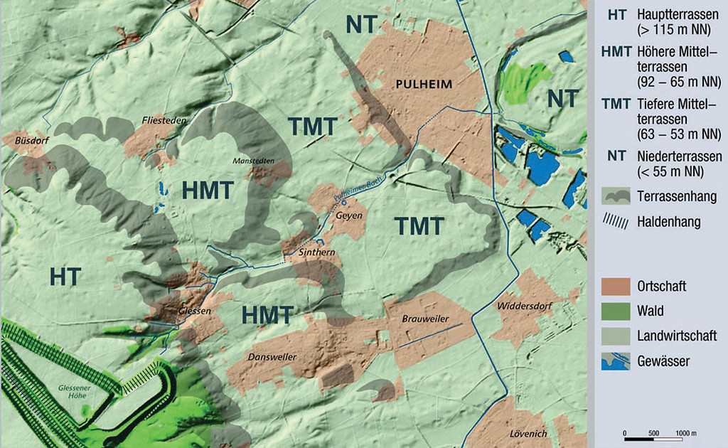 Abbildung 2: Rheinterrassen im Einzugsgebiet des Pulheimer Baches; überarbeitetes geschummertes digitales Geländemodell (2011)