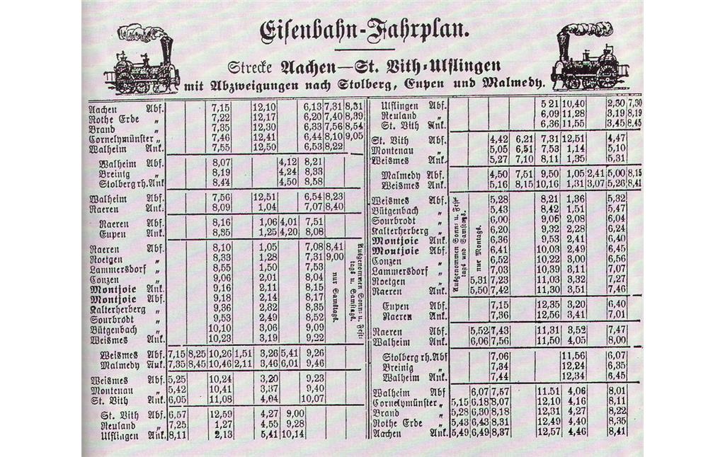 Fahrplan der Vennbahn mit ihren Zweigstrecken im Mai 1890