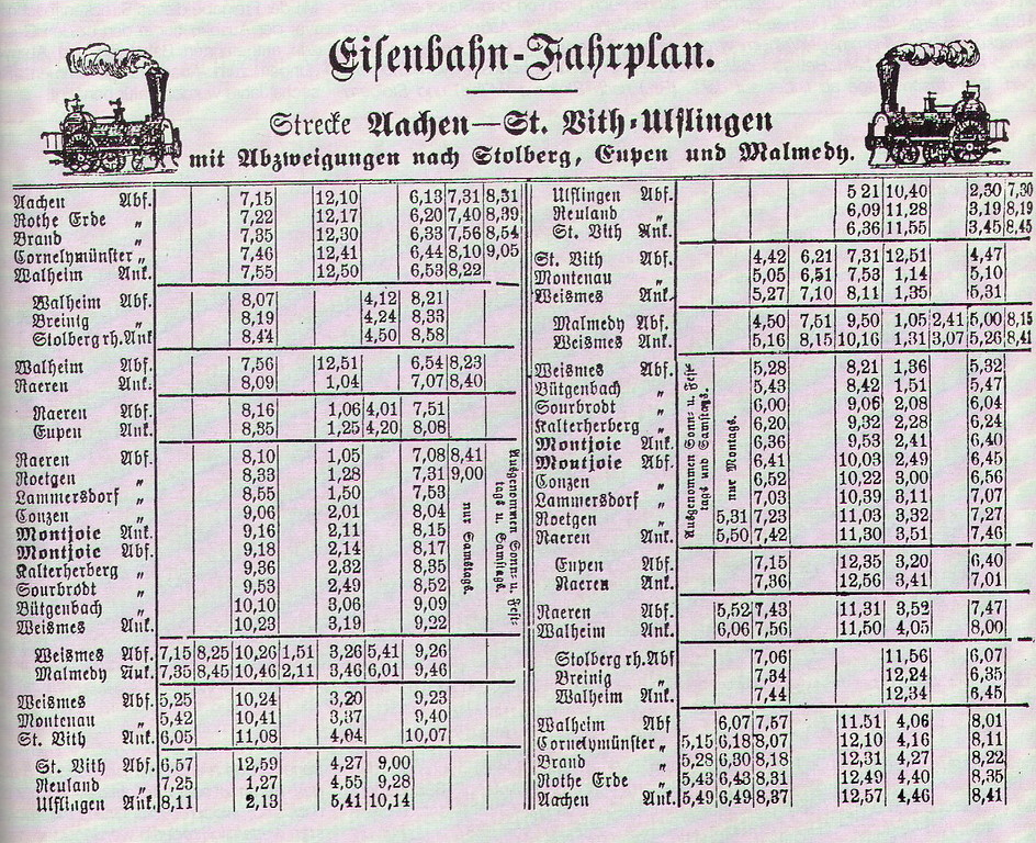 Fahrplan der Vennbahn mit ihren Zweigstrecken im Mai 1890