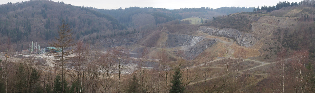 Panoramablick über den Steinbruch der Basalt AG Linz. Links die neuen Silos und Lagerhallen. Dahinter die nun bewaldeten Brüche der Nordhelle. (2018)
