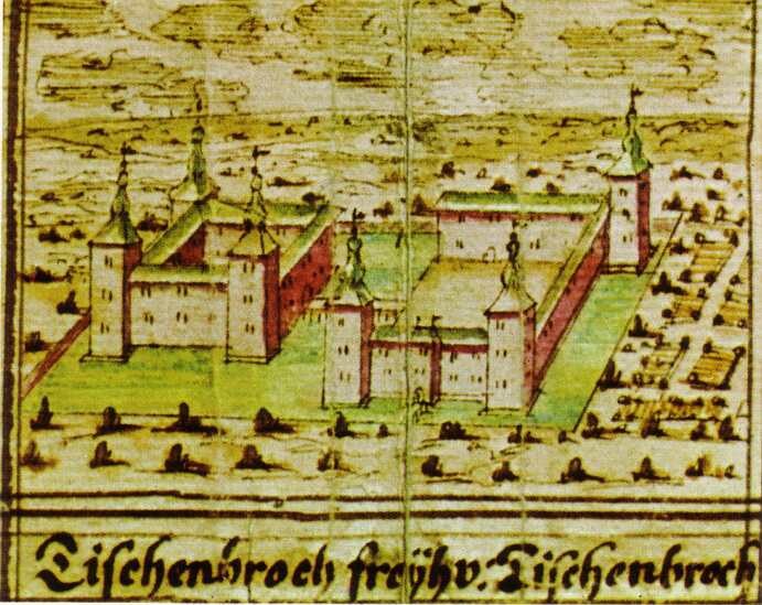 Der Ausschnitt aus dem Codex Welser von 1723 zeigt die spätmittelalterliche Wasserburganlage Tüschenbroich (1723)