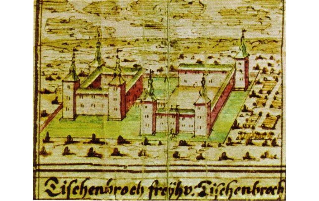 Der Ausschnitt aus dem Codex Welser von 1723 zeigt die spätmittelalterliche Wasserburganlage Tüschenbroich (1723)