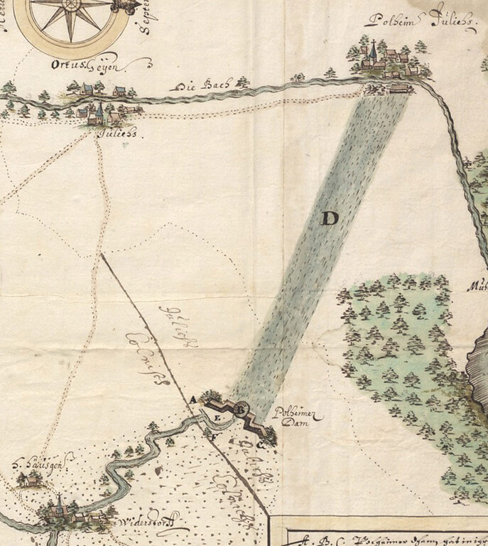 Ausschnitt aus Karte der Wasserläufe und Straßen..insbes. den Pulheimer Damm bei Widdersdorf ind die Bach von Geyen nach Pulheim (um 1720)