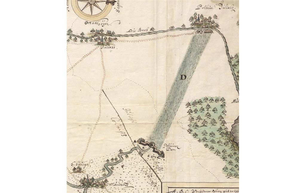 Ausschnitt aus Karte der Wasserläufe und Straßen..insbes. den Pulheimer Damm bei Widdersdorf ind die Bach von Geyen nach Pulheim (um 1720)