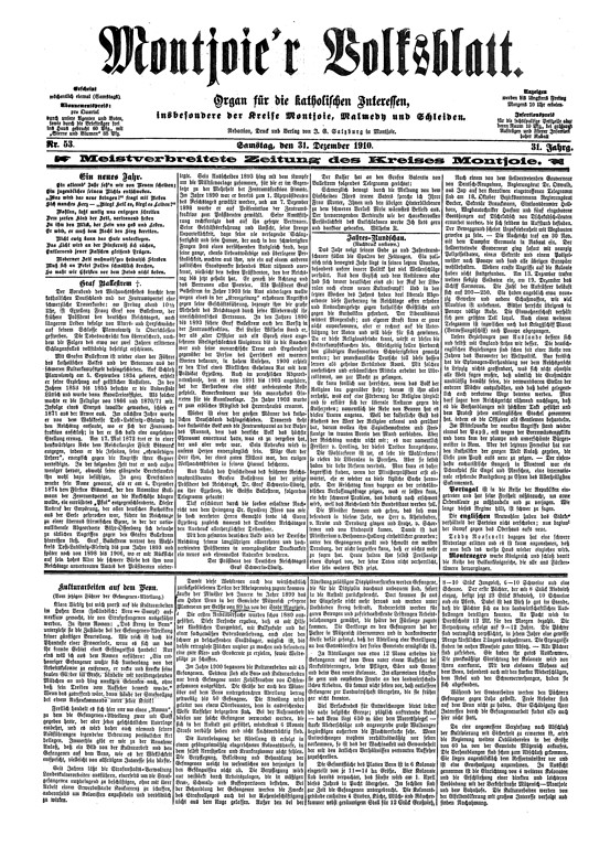 Titelseite des Monschauer Volksblatt vom 31.12.1910