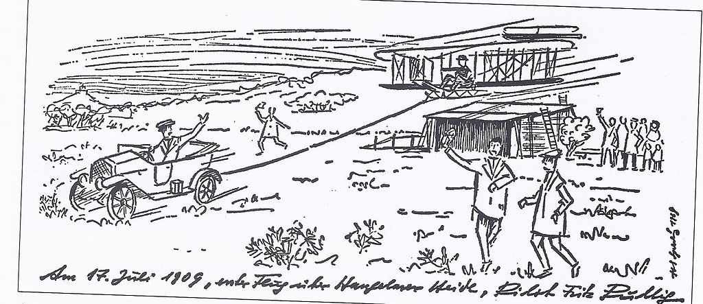 Zeichnung des Erstfluges von Fritz Pullig 1909, Zeichnung von Hans-Günther Sperling