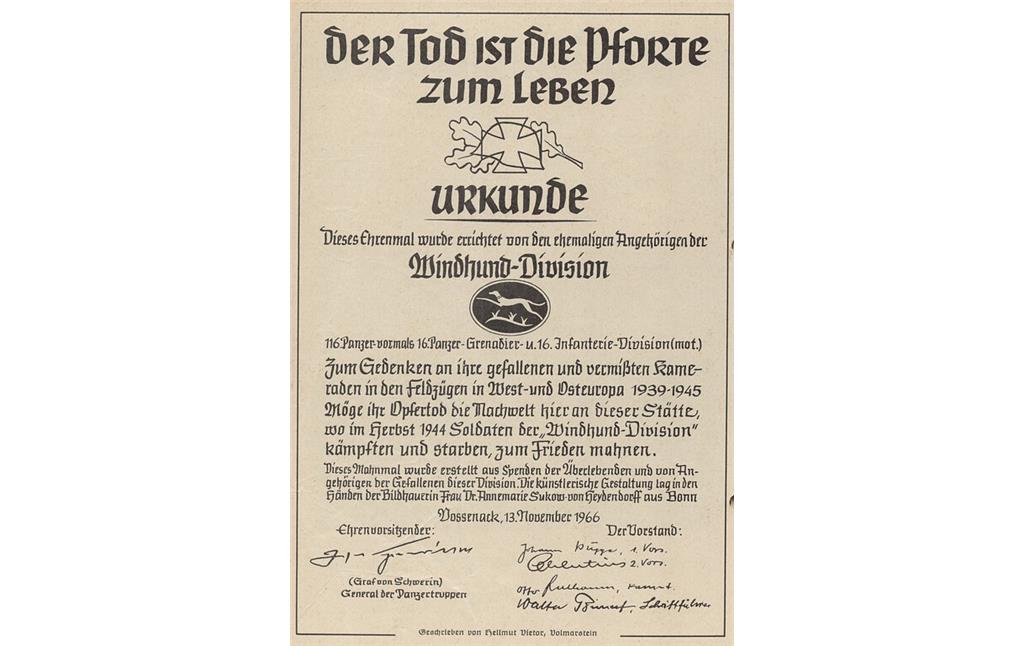 Bild 5: Gründungsurkunde der sogenannten "Windhund-Anlage" vom 13.11.1966. Sie war auf Seite zwei der Vereinszeitschrift "Der Windhund", Ausgabe 15, Dezember 1966, abgedruckt.