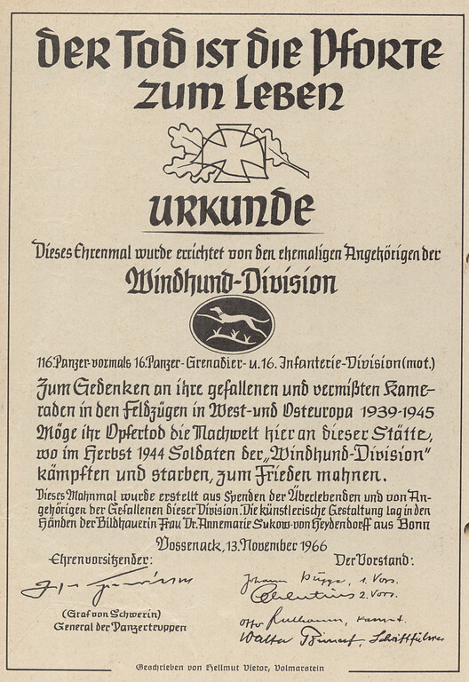 Bild 5: Gründungsurkunde der sogenannten "Windhund-Anlage" vom 13.11.1966. Sie war auf Seite zwei der Vereinszeitschrift "Der Windhund", Ausgabe 15, Dezember 1966, abgedruckt.