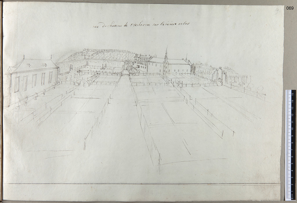Ehreshoven, Schloss Ehreshoven einschließlich Parkanlage, Zeichnung von Renier Roidkin