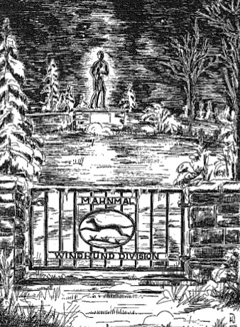 Bild 10: Zeichnung des ursprünglichen Eingangstors der sogenannten "Windhund-Anlage" neben der Kriegsgräberstätte Vossenack. Bei der Zeichnung handelt es sich um einen Ausschnitt aus der Titelseite der Vereinszeitung "Der Windhund", Ausgabe 23, Dezember 1974.