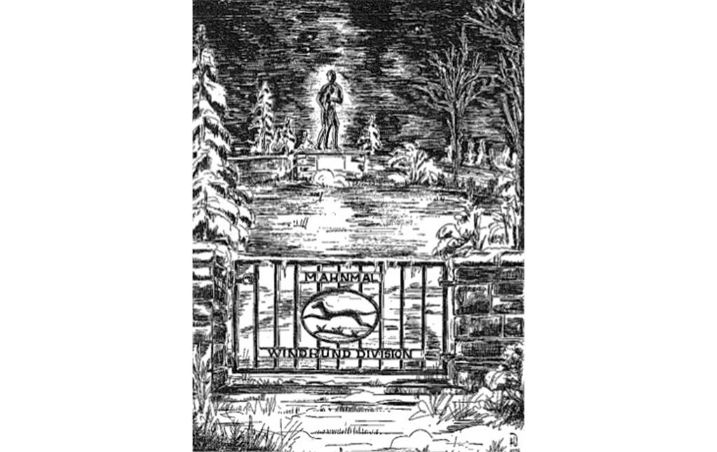 Bild 10: Zeichnung des ursprünglichen Eingangstors der sogenannten "Windhund-Anlage" neben der Kriegsgräberstätte Vossenack. Bei der Zeichnung handelt es sich um einen Ausschnitt aus der Titelseite der Vereinszeitung "Der Windhund", Ausgabe 23, Dezember 1974.