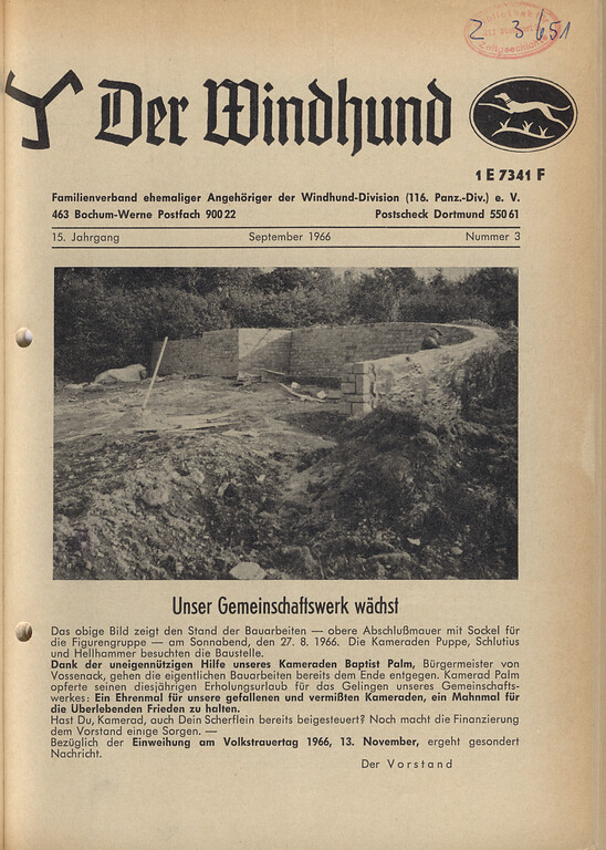 Bild 3: Die Titelseite der Vereinszeitschrift "Der Windhund" vom September 1966. Darauf ist die im Bau befindliche, sogenannte "Windhund-Anlage" bei Vossenack abgebildet.