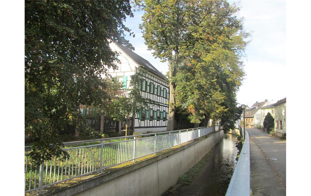 Zweigeschossiges Fachwerkgebäude mit grünen Fensterläden am kanalisierten Swistbach in Flerzheim (2014)