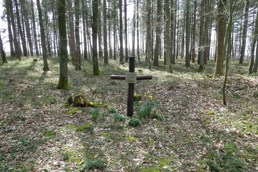 Bild 8: Im Waldgebiet bei Bergstein kam 1954 der Förster Ewald Burgardt durch eine Mine ums Leben. Das Gedenkkreuz erinnert an den Vorfall (2020).