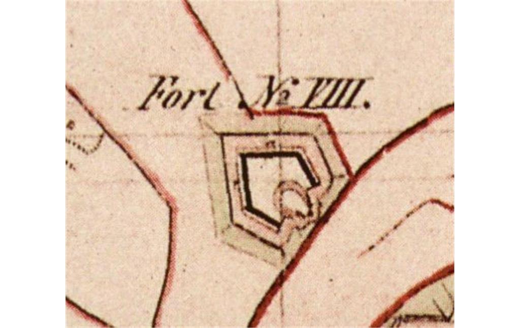 Fort VIII des heutigen Inneren Kölner Grüngürtels auf einer historischen Karte (Preußische Uraufnahme von 1845)
