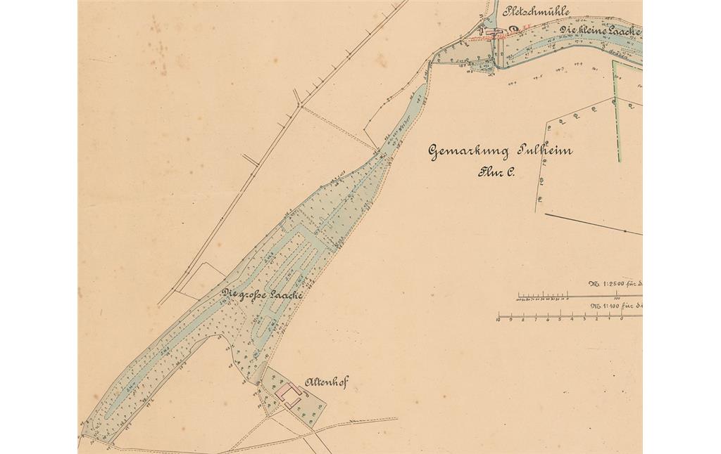 Abbildung 7: Versickerungsschlitze in der Großen Laache 1922. Ausschnitt aus Lage und Höhen-Plan von der Pletschmühle bis Haus Orr (2013)