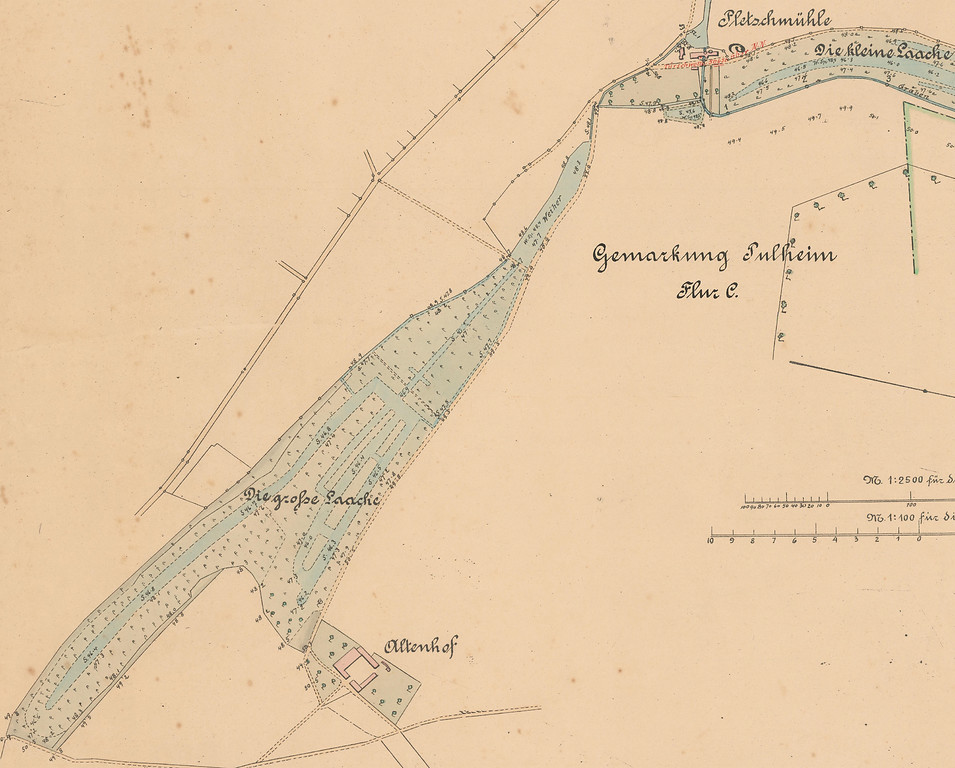 Abbildung 7: Versickerungsschlitze in der Großen Laache 1922. Ausschnitt aus Lage und Höhen-Plan von der Pletschmühle bis Haus Orr (2013)